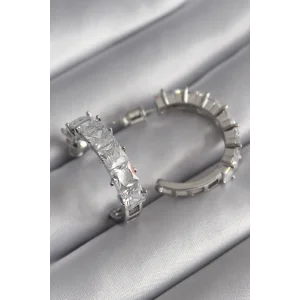 Pirinç Gümüş Renk Zirkon Taşlı Halka Model Kadın Küpe