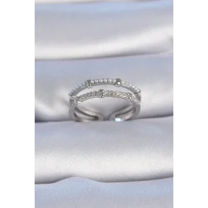 Pirinç Gümüş Renk Zirkon Taşlı İnci Detay Kadın Yüzük