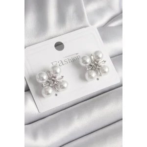 Pirinç Gümüş Renk Zirkon Taşlı İncili Kadın Küpe