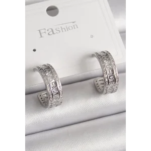 Pirinç Gümüş Renk Zirkon Taşlı İşleme Detay Halka Model Kadın Küpe