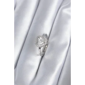 Pirinç Gümüş Renk Zirkon Taşlı Kalp Charm Model Kadın Yüzük