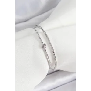 Pirinç Gümüş Renk Zirkon Taşlı Kalp Detaylı Kadın Bileklik