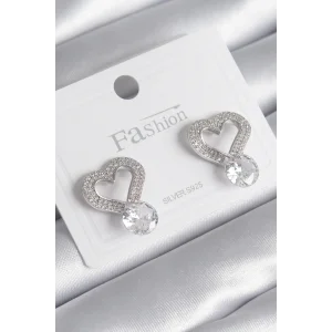 Pirinç Gümüş Renk Zirkon Taşlı Kalp Model Damla Zirkon Taş Detay Kadın Küpe