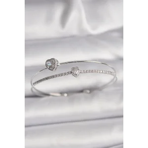 Pirinç Gümüş Renk Zirkon Taşlı Kalp Model Kadın Bileklik