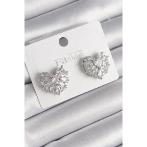 Pirinç Gümüş Renk Zirkon Taşlı Kalp Model Kadın Küpe