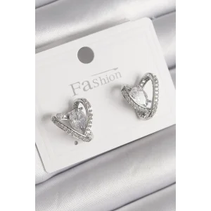 Pirinç Gümüş Renk Zirkon Taşlı Kalp Model Kadın Küpe