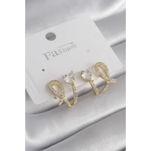 Pirinç Gümüş Renk Zirkon Taşlı Kalp Model Kadın Küpe