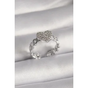 Pirinç Gümüş Renk Zirkon Taşlı Kalp Model Kadın Yüzük