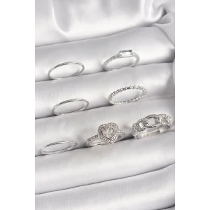 Pirinç Gümüş Renk Zirkon Taşlı Kalp Model Kadın Yüzük Kombini