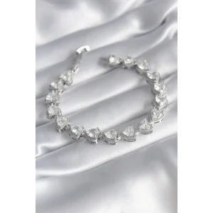 Pirinç Gümüş Renk Zirkon Taşlı Kalp Model VIP Seri Kadın Bileklik