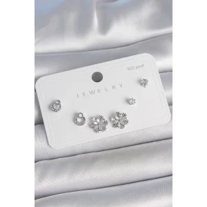 Pirinç Gümüş Renk Zirkon Taşlı Kar Tanesi Model 925 Ayar Gümüş Çivi Kadın Küpe Seti