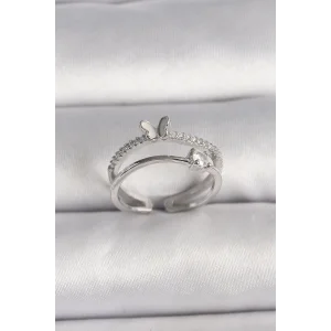 Pirinç Gümüş Renk Zirkon Taşlı Kelebek Figürlü Ayarlanabilir Yüzük