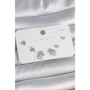 Pirinç Gümüş Renk Zirkon Taşlı Kelebek Model İnci Detay 925 Ayar Gümüş Çivi Kadın Küpe Seti