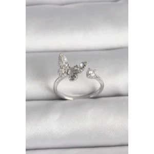 Pirinç Gümüş Renk Zirkon Taşlı Kelebek Model İnci Detay Ayarlanabilir Yüzük