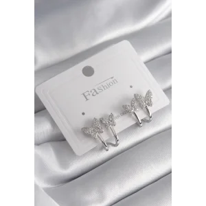 Pirinç Gümüş Renk Zirkon Taşlı Kelebek Model Kadın Küpe