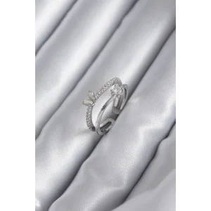 Pirinç Gümüş Renk Zirkon Taşlı Kelebek Model Kadın Yüzük