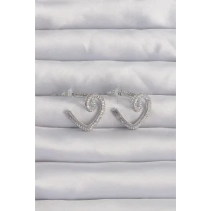 Pirinç Gümüş Renk Zirkon Taşlı Kıvrımlı Yarım Kalp Küpe