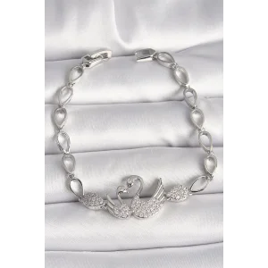 Pirinç Gümüş Renk Zirkon Taşlı Kuğu Figür Damla Zincir Model Kadın Bileklik