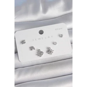 Pirinç Gümüş Renk Zirkon Taşlı Kuğu Model 925 Ayar Gümüş Çivi Kadın Küpe Seti