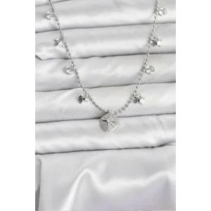 Pirinç Gümüş Renk Zirkon Taşlı Kutup Yıldızı Model Kadın Kolye