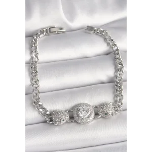 Pirinç Gümüş Renk Zirkon Taşlı Leopar Figür Zincir Model Kadın Bileklik