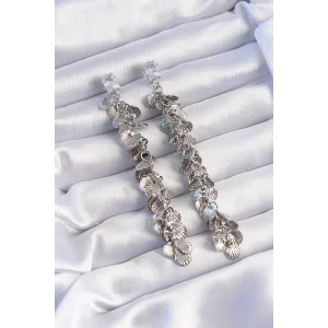 Pirinç Gümüş Renk Zirkon Taşlı Minimal Deniz Kabuklu Sallantılı Küpe