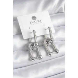 Pirinç Gümüş Renk Zirkon Taşlı Model VIP Seri Kadın Küpe