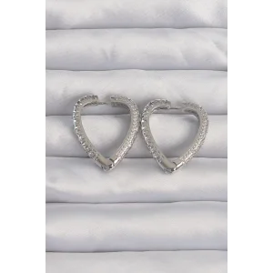 Pirinç Gümüş Renk Zirkon Taşlı Motifli Kalp Küpe