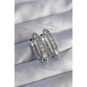 Pirinç Gümüş Renk Zirkon Taşlı Oval Model Küpe