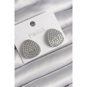 Pirinç Gümüş Renk Zirkon Taşlı Plaka Model Kadın Küpe