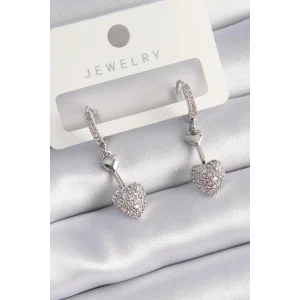 Pirinç Gümüş Renk Zirkon Taşlı Sallantı Kalp Model Kadın Küpe