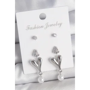 Pirinç Gümüş Renk Zirkon Taşlı Sallantılı Kalp Model 3 Çift Kadın Küpe Seti
