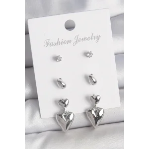 Pirinç Gümüş Renk Zirkon Taşlı Sallantılı Kalp Model 3 Çift Kadın Küpe Seti