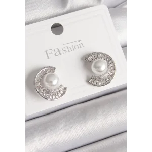 Pirinç Gümüş Renk Zirkon Taşlı Salyangoz Model İnci Detay Kadın Küpe