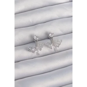 Pirinç Gümüş Renk Zirkon Taşlı V Model Küpe