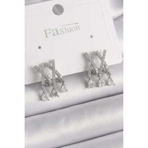 Pirinç Gümüş Renk Zirkon Taşlı X Model Sallantı Detay Kadın Küpe