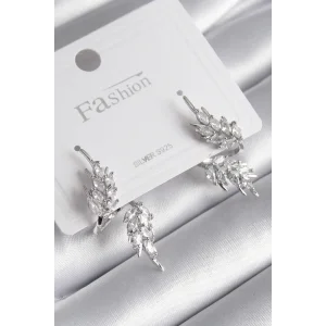 Pirinç Gümüş Renk Zirkon Taşlı Yaprak Model Kadın Küpe