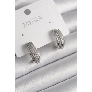 Pirinç Gümüş Renk Zirkon Taşlı Yarım Halka Model Kadın Küpe