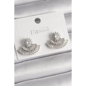 Pirinç Gümüş Renk Zirkon Taşlı Yelpaze Model Kadın Küpe