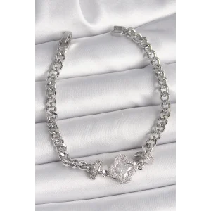 Pirinç Gümüş Renk Zirkon Taşlı Yonca Figür Zincir Model Kadın Bileklik