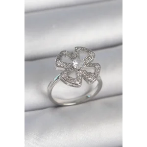 Pirinç Gümüş Renk Zirkon Taşlı Yonca Model Ayarlanabilir Kadın Yüzük