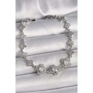 Pirinç Gümüş Renk Zirkon Taşlı Yonca Model Kadın Bileklik