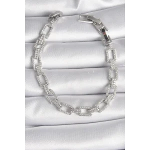 Pirinç Gümüş Renk Zirkon Taşlı Zincir Model VIP Seri Kadın Bileklik