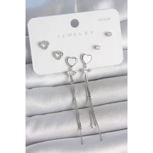 Pirinç Gümüş Sallantı Beyaz Mineli Kalp Model Zirkon Taşlı Kalp Detay 925 Ayar Gümüş Çivi Kadın Küpe Seti