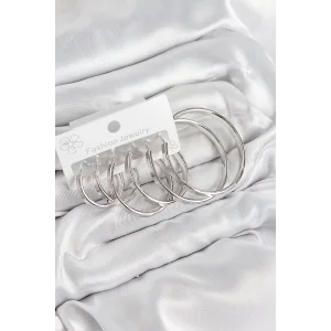 Pirinç Halka Model Gümüş Renk Kadın Set Küpe