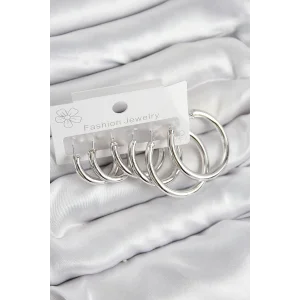 Pirinç Halka Model Gümüş Renk Kadın Set Küpe