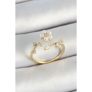 Pirinç İnci Detaylı Papatya Figürlü Zirkon Taşlı Gold Renk Ayarlanabilir Kadın Yüzük