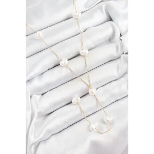 Pirinç İncili Kalp Figürlü Y Model Gold Renk Kadın Kolye