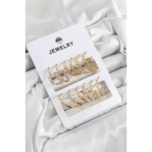 Pirinç Karışık Halka Model Gold Renk 6 Çift Kadın Küpe Set