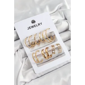 Pirinç Karışık Halka Model Gold Renk 6 Çift Kadın Küpe Set
